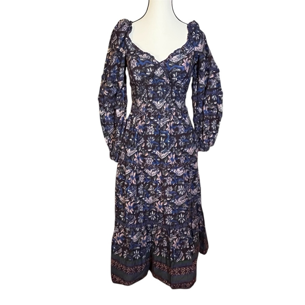 Sea New York Noah Floral Bird Print Smocked Long Sleeve Midi Dress Sz 4 Cotton - Picture 2 of 9